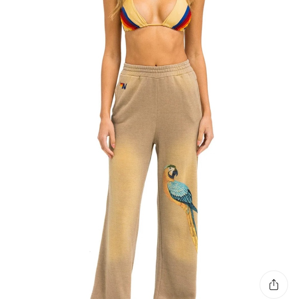 Aviator Nation Tan Wide Leg Pants with Parrot Design
